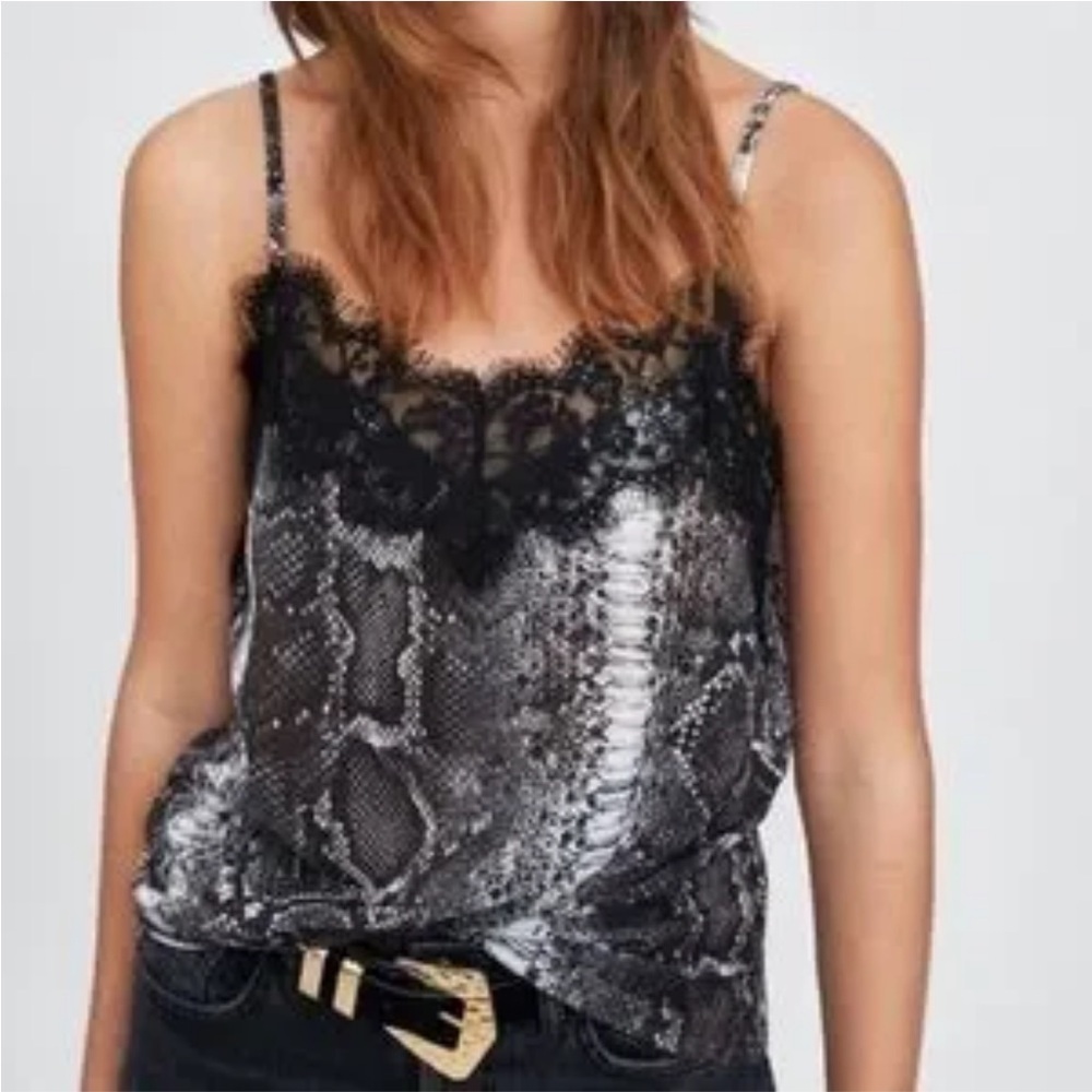 Zara Snake Print Lace Trim Cami Black Gray Satin Tank Top Lingerie Style Size S